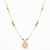 Gold plated mangalsutra necklace with black beads and geometric crystal studded pendant on a delicate chain.