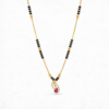 Gold plated mangalsutra necklace with black beads and swirl pendant featuring a ruby red stone and crystal accents.
