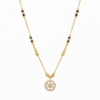 Gold plated mangalsutra necklace with black beads and circular floral crystal studded pendant.