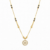 Gold plated mangalsutra necklace with black beads and circular floral crystal studded pendant.