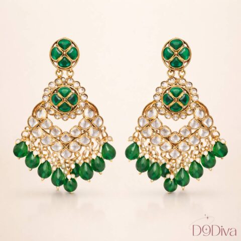 Kundan chandbali earrings with intricate design and beaded drops