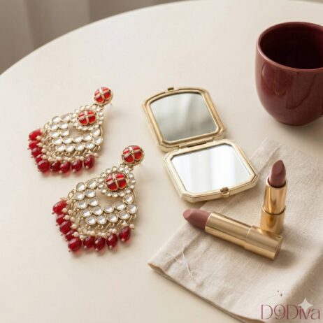 Kundan chandbali earrings with intricate design and beaded drops