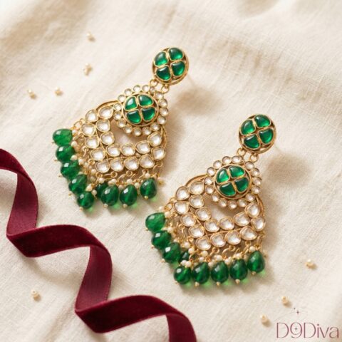 Kundan chandbali earrings with intricate design and beaded drops