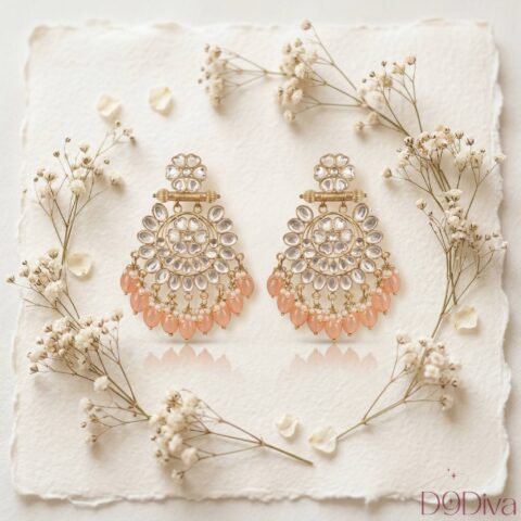 Elegant kundan chandbali earrings with intricate stone work and bead drops
