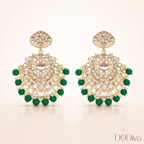 kundan chandelier earrings with intricate floral design and bead drops