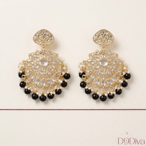 kundan chandelier earrings with intricate floral design and bead drops