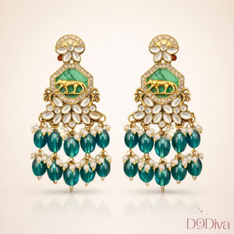 Luxury kundan chandelier earrings with tiger motif design