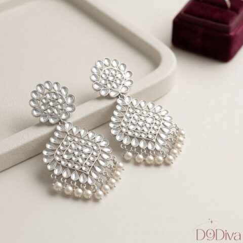 Elegant Kundan Pearl Chandbali Earrings with intricate stone design and pearl drops