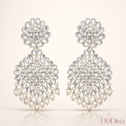 Elegant Kundan Pearl Chandbali Earrings with intricate stone design and pearl drops