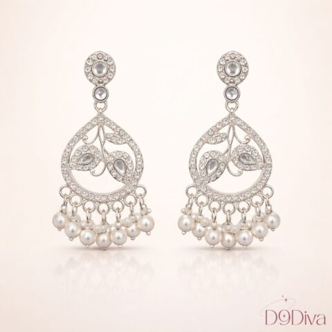 Pearl chandelier earrings with stone-studded elegant drop design for women
