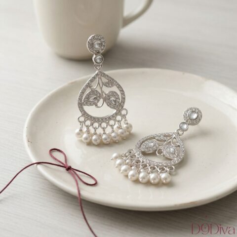 Pearl chandelier earrings with stone-studded elegant drop design for women